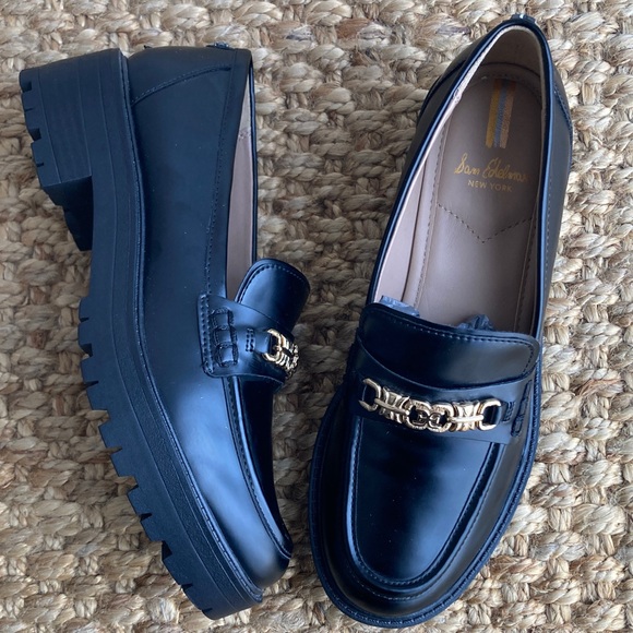 Sam Edelman Shoes - Sam Edelman Black Leather Platform Loafers with Gold Chain